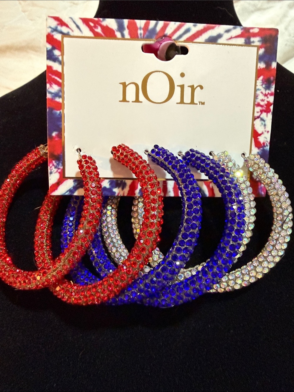 NWT nOir 2” Crystal Hoop Earrings - Red, Blue & Clear great for 4th of July